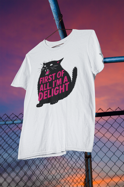 First Of All I’m A Delight Funny Cat Heavyweight Unisex Crewneck T-shirt