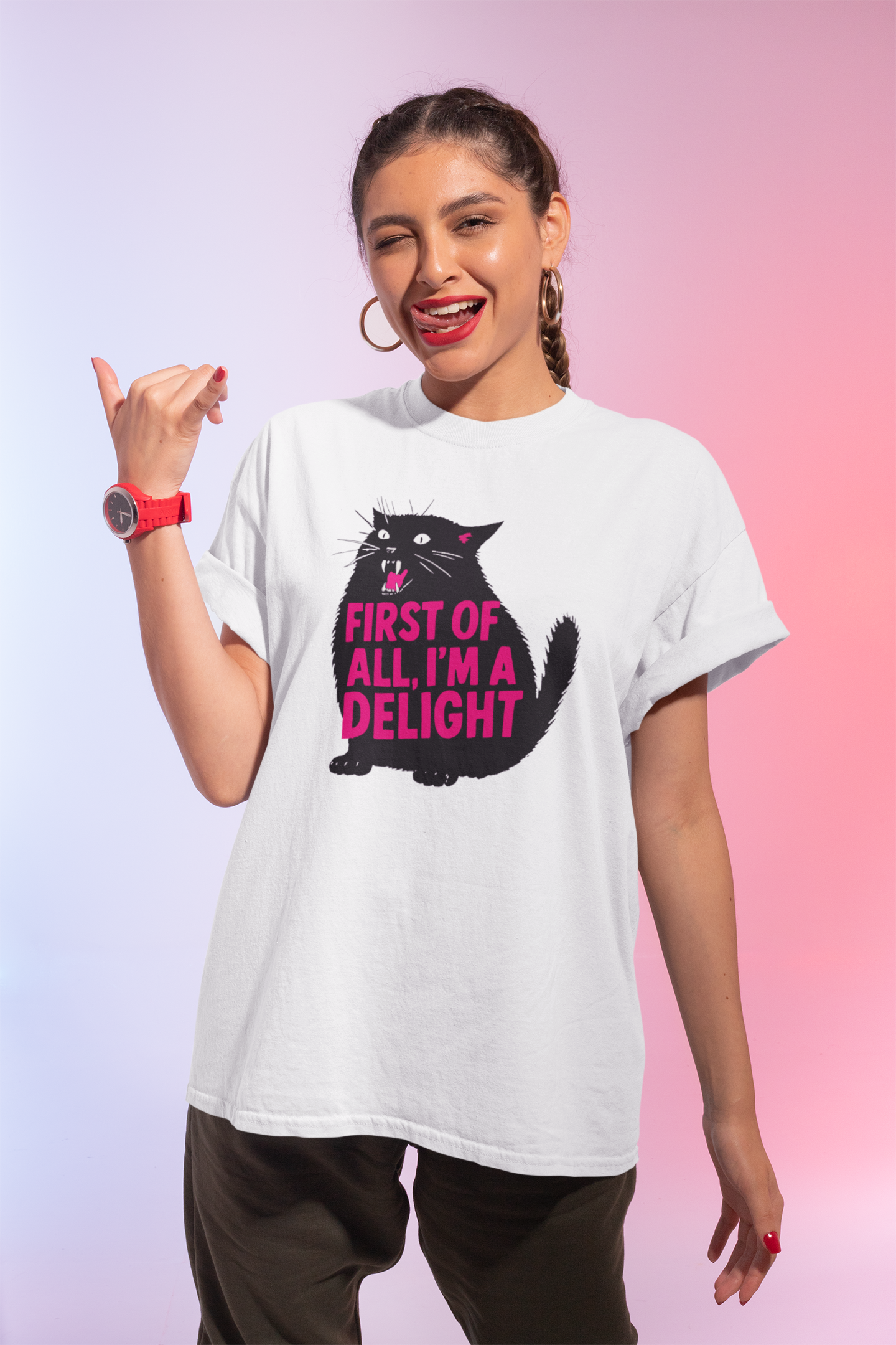 First Of All I’m A Delight Funny Cat Heavyweight Unisex Crewneck T-shirt